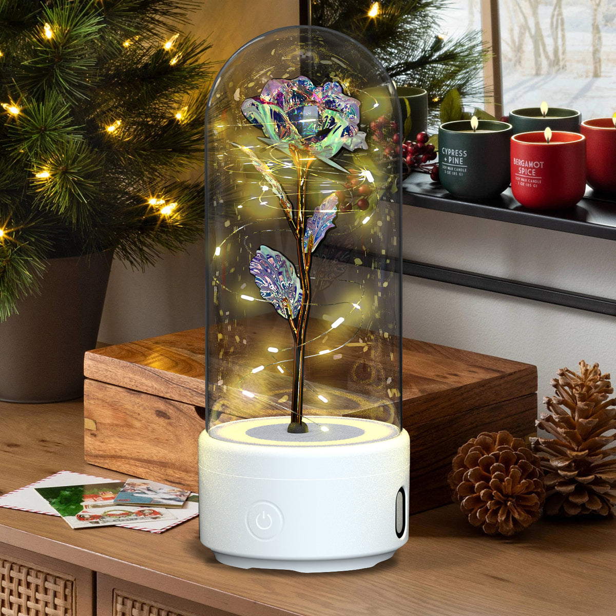 Decorative LED rose lamp under a glass dome on a lit round base, alternate view 5