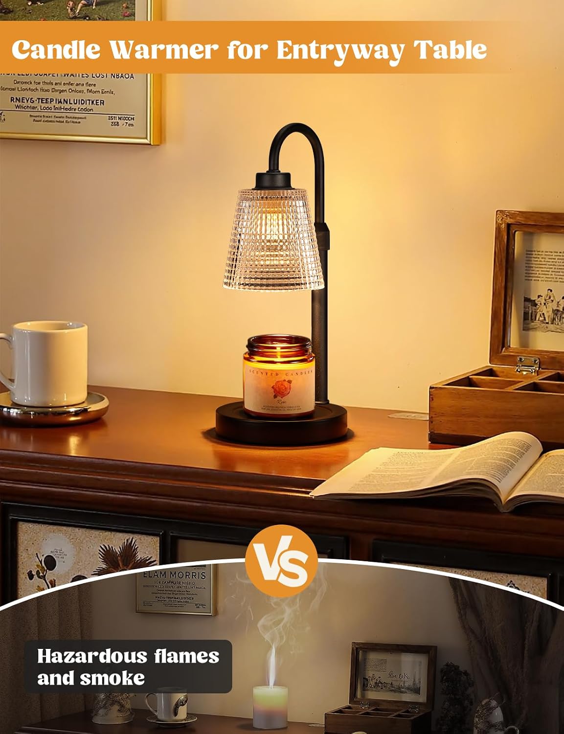 Candle warmer lamp with a ribbed glass shade and matte black base, alternate view 4