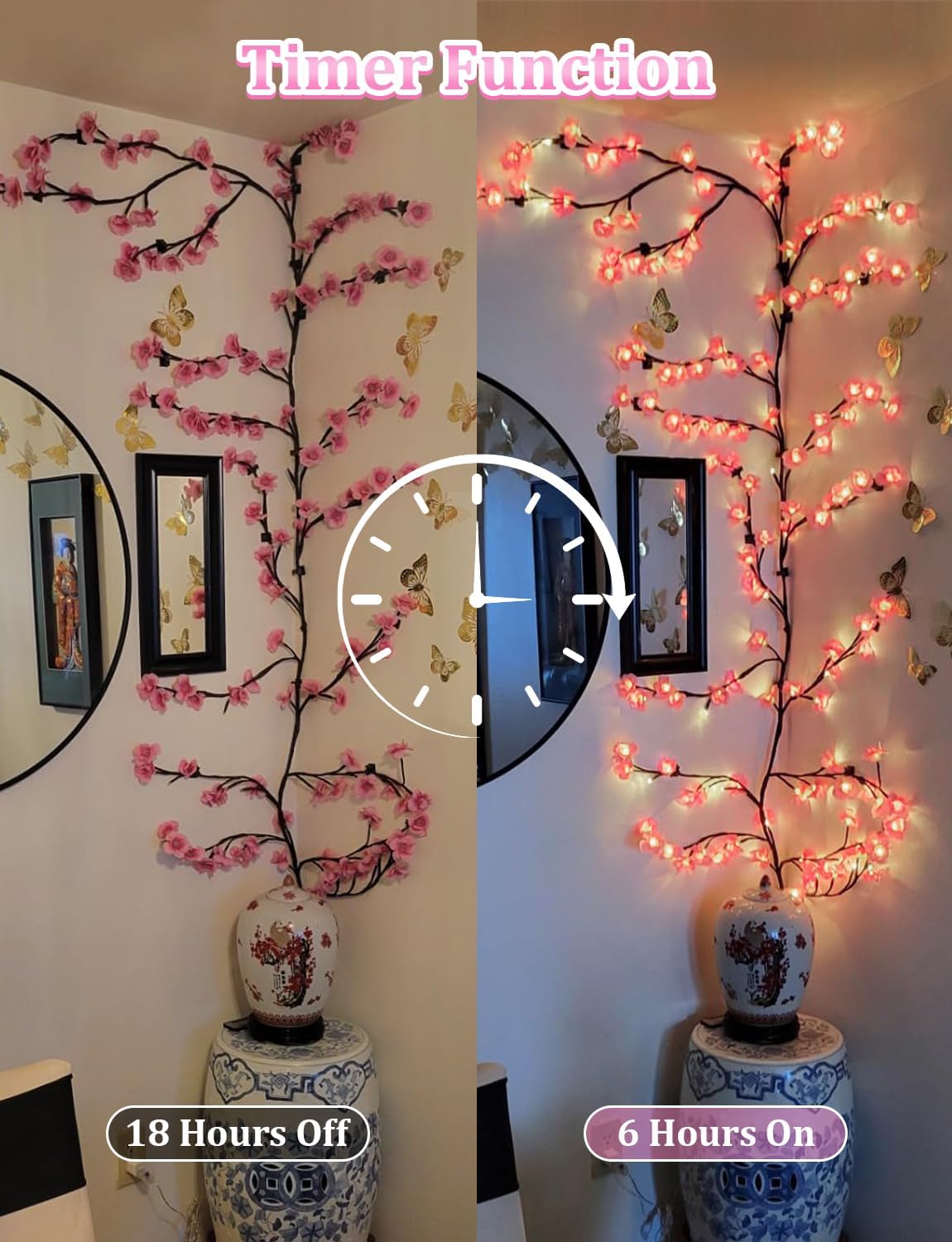 Cherry blossom tree branch lights with pink LED blossoms on bendable brown branches, USB powered, alternate view 8
