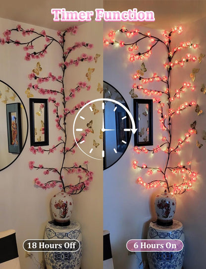 Cherry blossom tree branch lights with pink LED blossoms on bendable brown branches, USB powered, alternate view 8