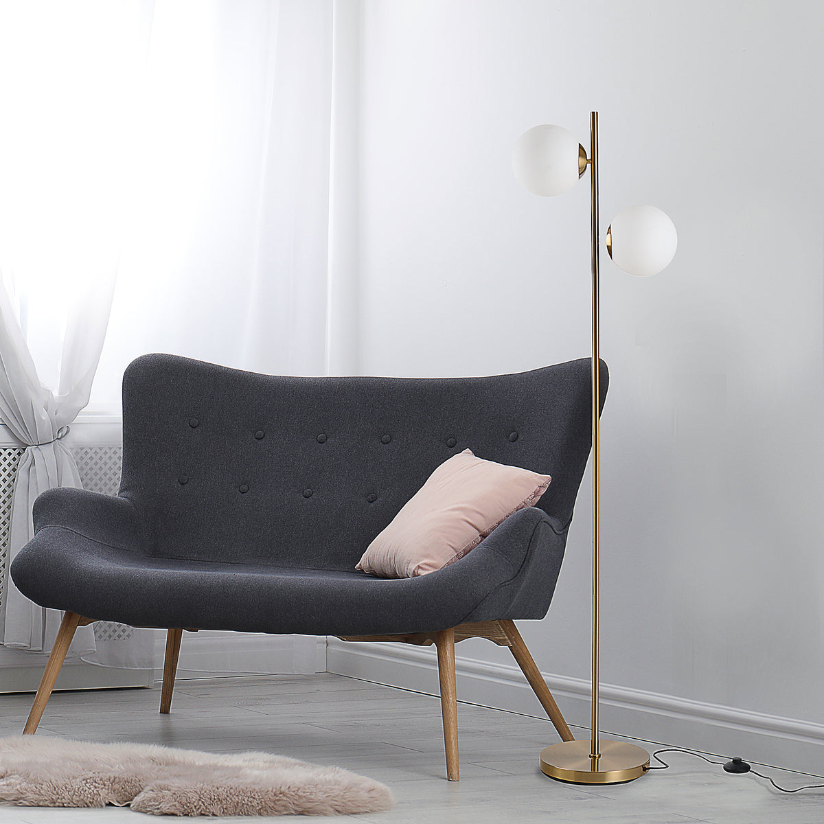 Ellery two-globe floor lamp in gold with white glass shades, alternate view 3