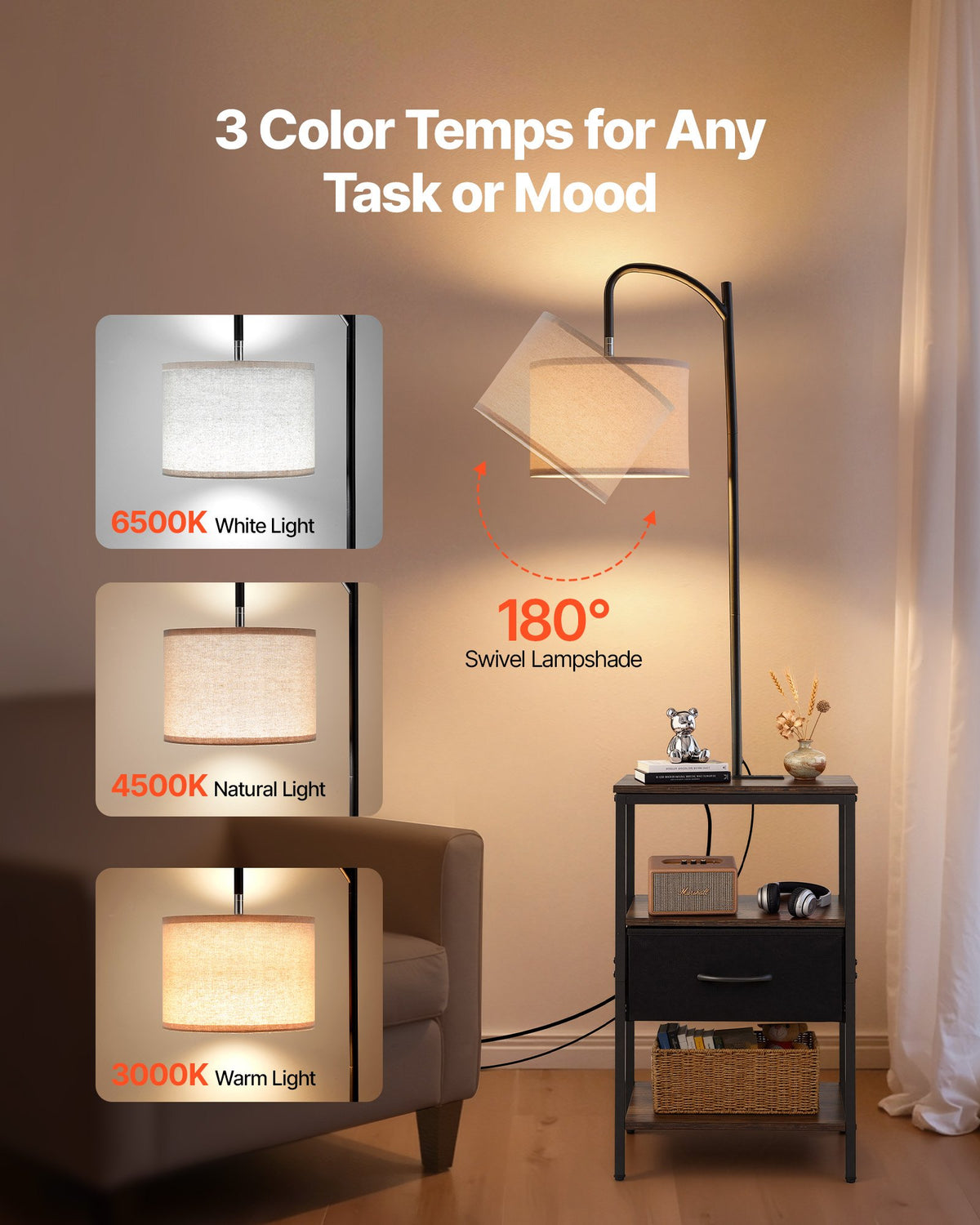 The three colour temperature settings of the floor lamp side table — 3000K warm, 4500K natural and 6500K white — with the 180 degree swivel shade