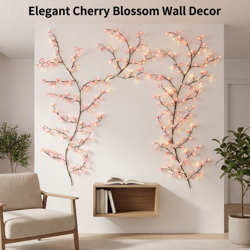 Cherry blossom LED branch vine lights shaped against a wall, alternate view 1