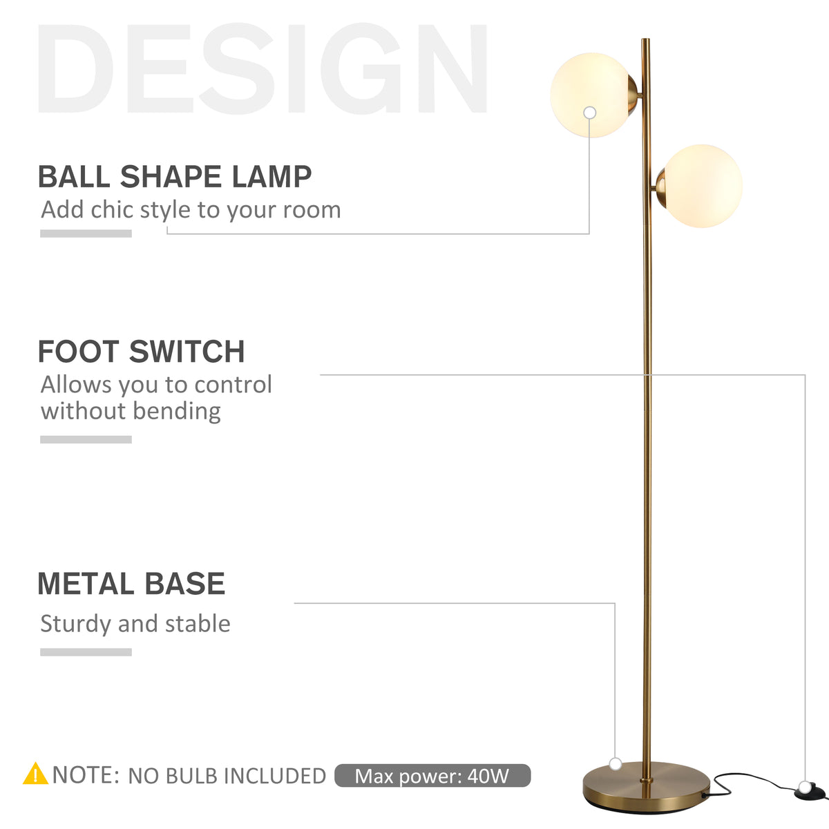 Ellery two-globe floor lamp in gold with white glass shades, alternate view 6