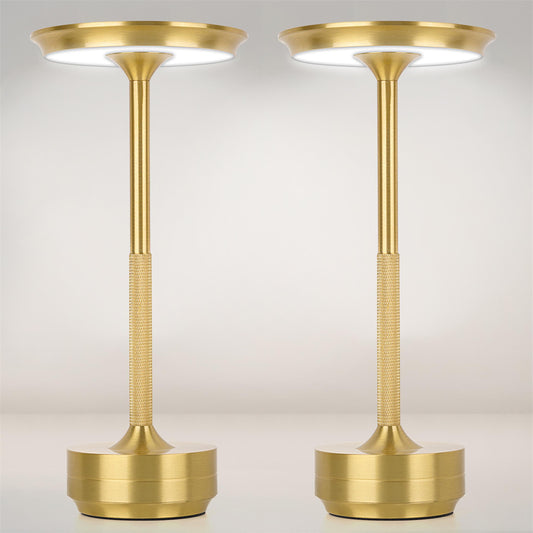 Fairlane cordless table lamps in brushed gold aluminium with disc-shaped shades, sold as a set of two
