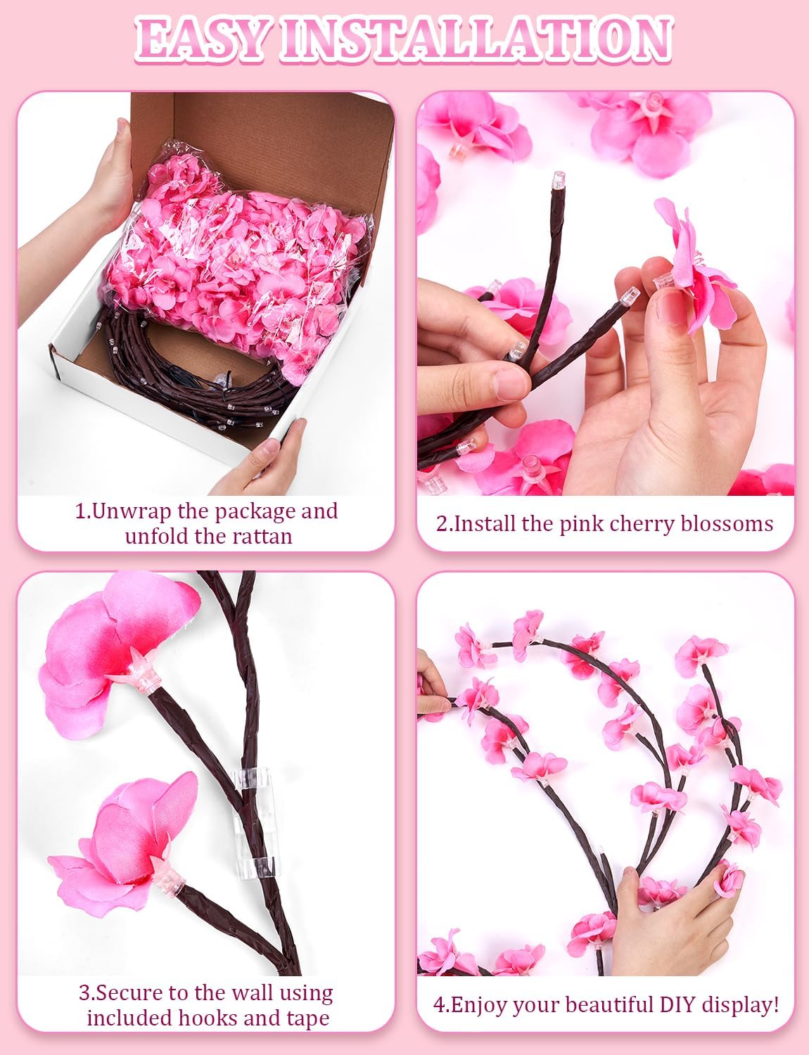 Cherry blossom tree branch lights with pink LED blossoms on bendable brown branches, USB powered, alternate view 2