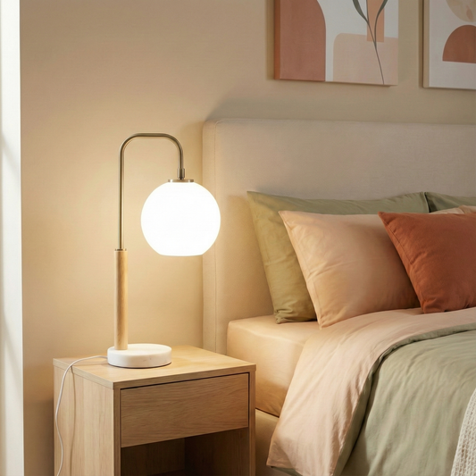 White globe table lamp with curved metal arm and marble base on a bedside nightstand