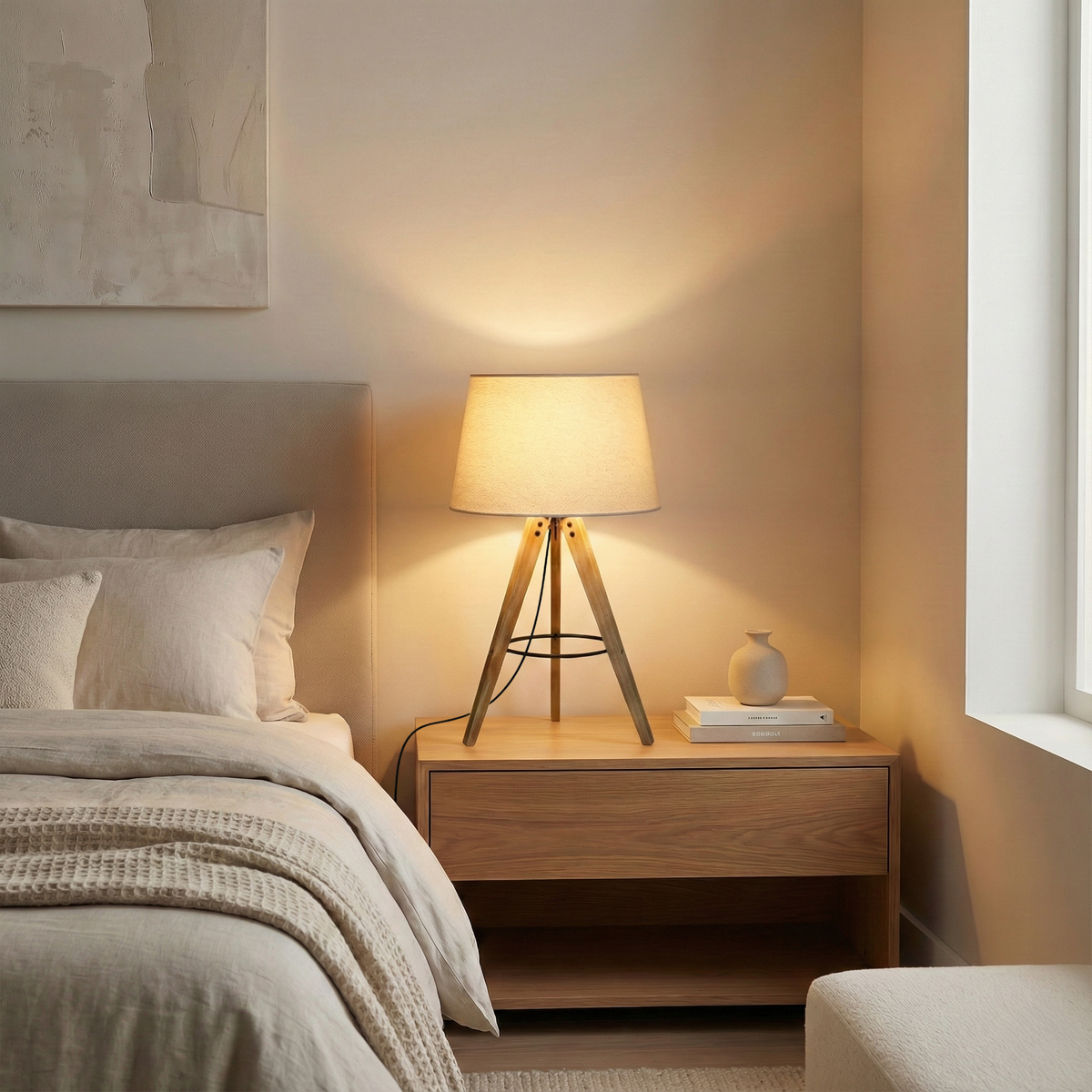 Hensley birch tripod table lamp with natural wood legs and trapezoid linen shade