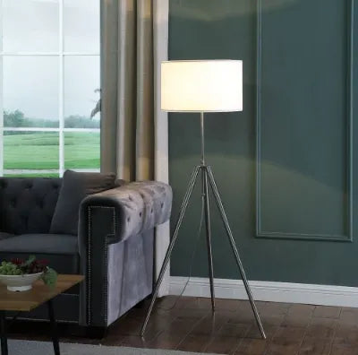 Sutton tripod floor lamp in brushed silver and chrome with white linen drum shade, alternate view 2