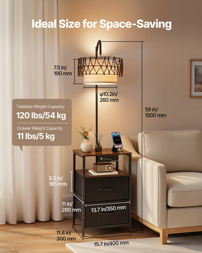 Halston 2-Tier floor lamp side table in black with macrame-wrapped shade and two drawers, alternate view 3