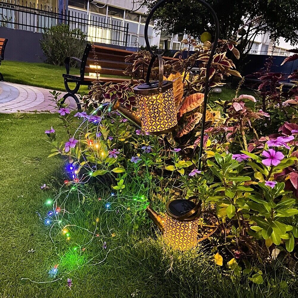 Copper solar watering can lantern with multicolour fairy lights, alternate view 8
