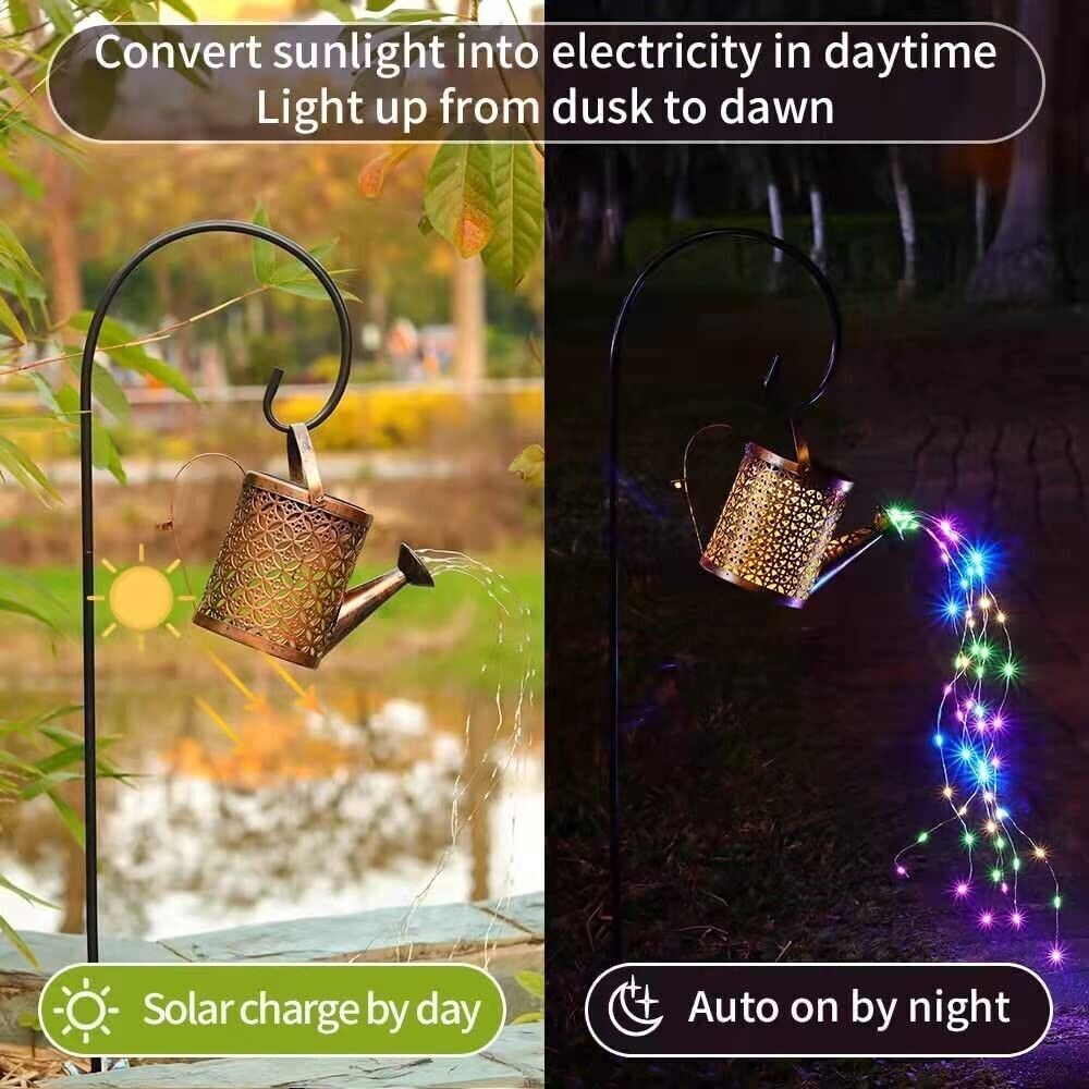 Copper solar watering can lantern with multicolour fairy lights, alternate view 9