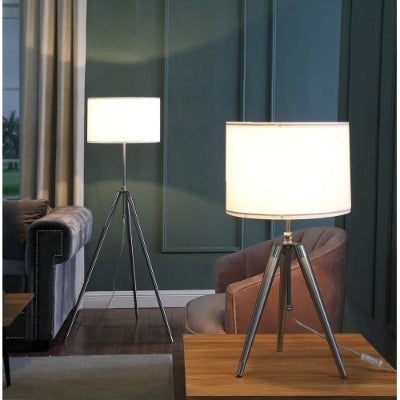 Sutton tripod floor lamp in brushed silver and chrome with white linen drum shade, alternate view