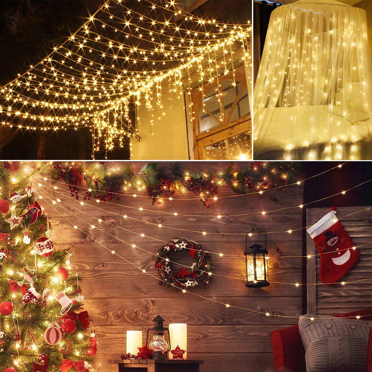 Warm white LED curtain string lights on hanging strands, alternate view 1