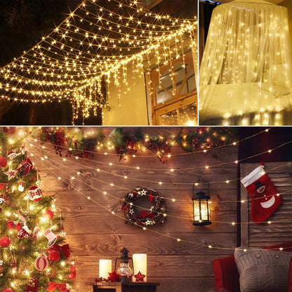 Warm white LED curtain string lights on hanging strands, alternate view 1