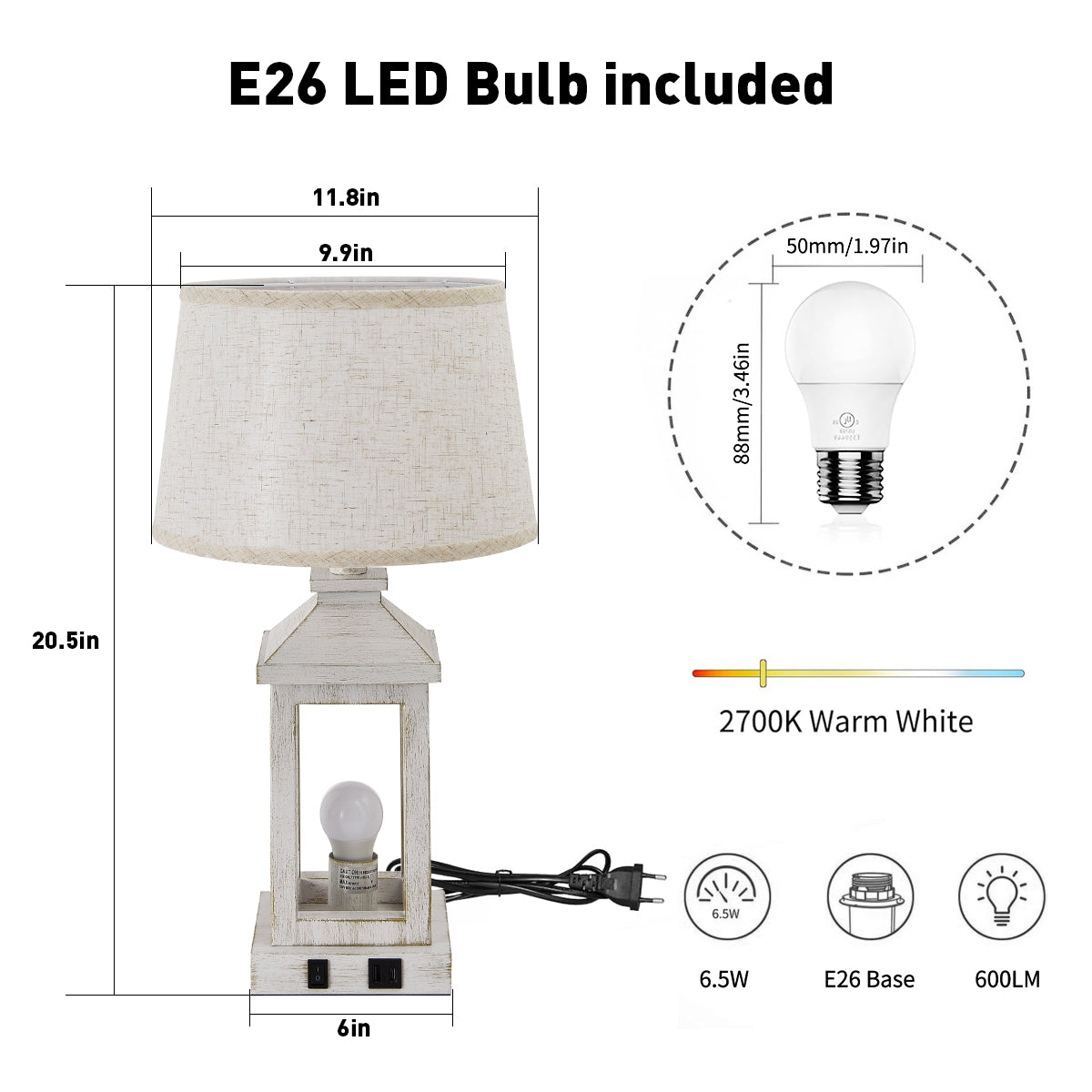 Ashbury farmhouse table lamp, distressed white lantern frame with natural linen shade, alternate view 5