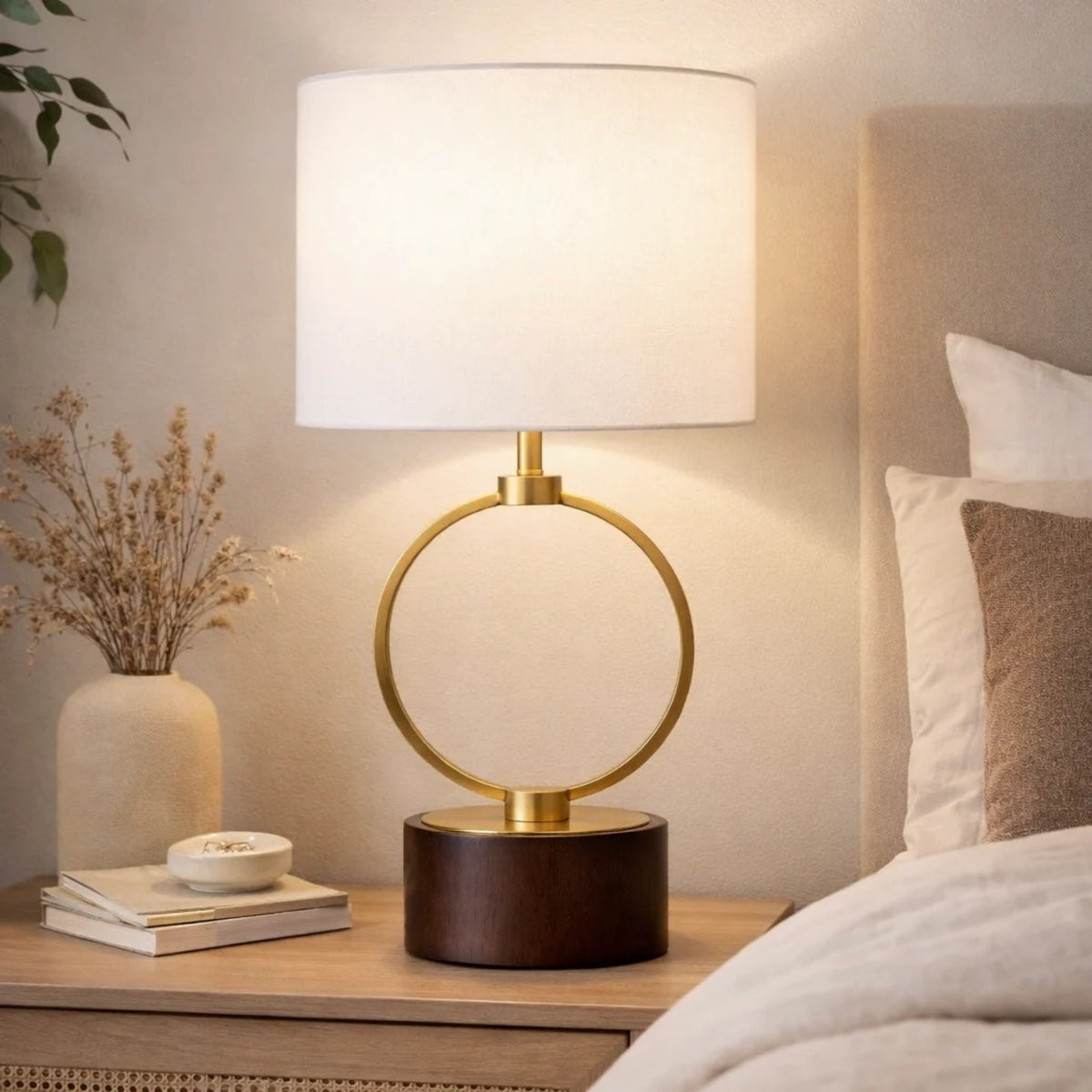 Ring table lamp with walnut base and linen shade, alternate view 3