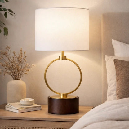 Ring table lamp with walnut base and linen shade, alternate view 3