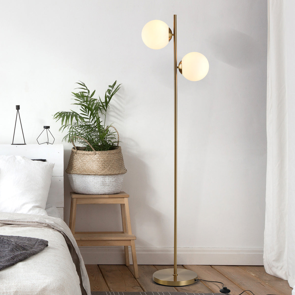 Ellery two-globe floor lamp in gold with white glass shades, alternate view 7