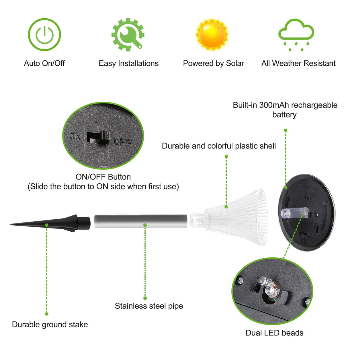 Colour changing solar stake light with stainless steel head, alternate view 9