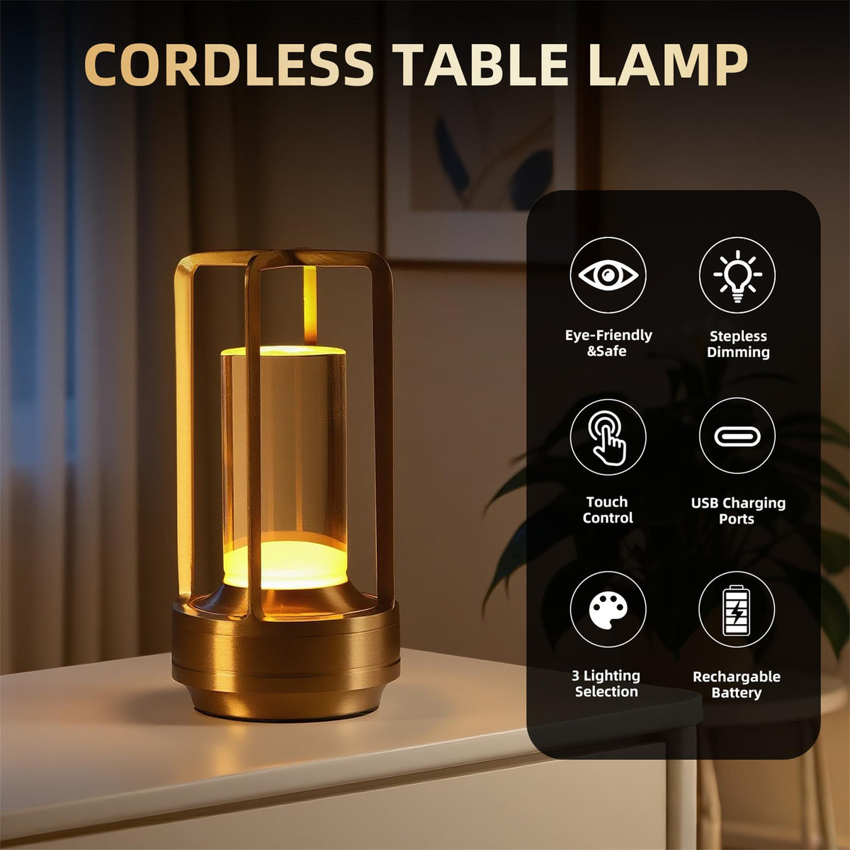 Bellamy cordless lantern table lamp in brushed aluminium with amber glow, alternate view 5