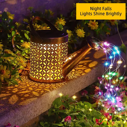 Copper solar watering can lantern with multicolour fairy lights, alternate view 5