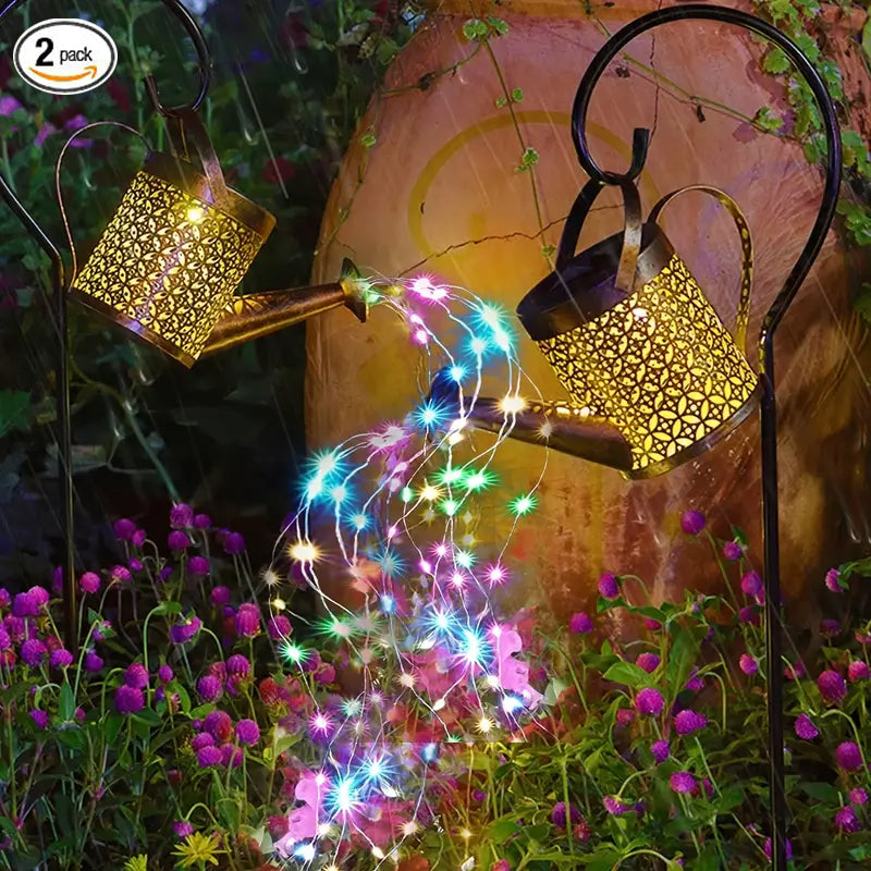Copper solar watering can lantern with multicolour fairy lights, alternate view 2