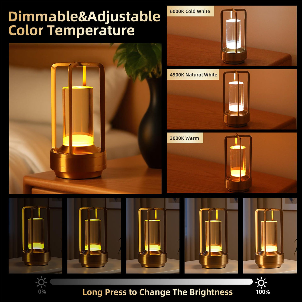 Bellamy cordless lantern table lamp in brushed aluminium with amber glow, alternate view 6