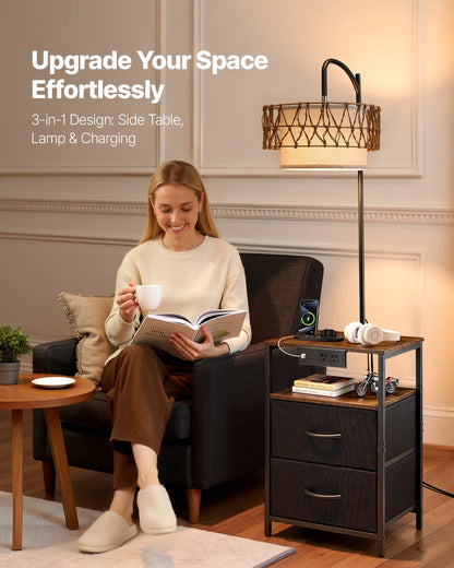 Halston 2-Tier floor lamp side table in black with macrame-wrapped shade and two drawers, alternate view 2
