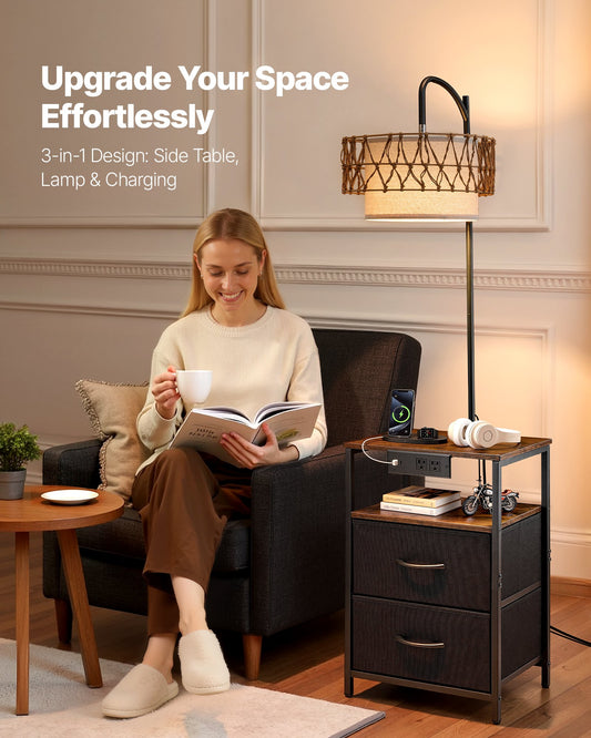 Floor lamp with side table and two drawers in black with macrame-wrapped shade, alternate view 2