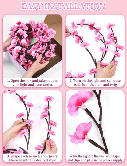 Cherry blossom tree branch lights with pink LED blossoms on bendable brown branches, USB powered, alternate view 3