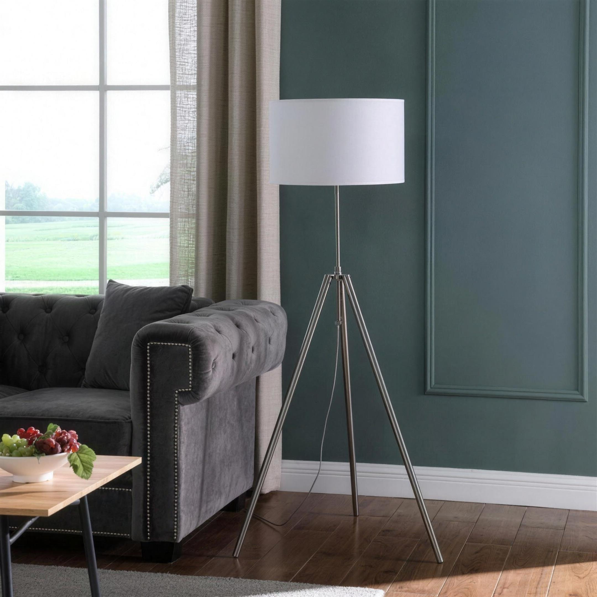Sutton tripod floor lamp in brushed silver and polished chrome with a white cotton-linen drum shade