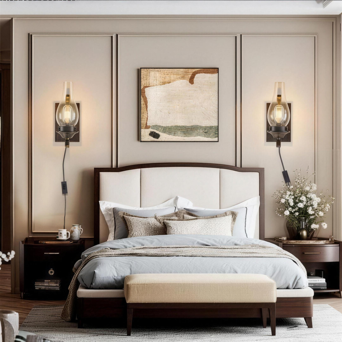 Aldridge plug-in wall sconce, clear glass chimney shade on a hand-painted black and gold base, sold as a set of two