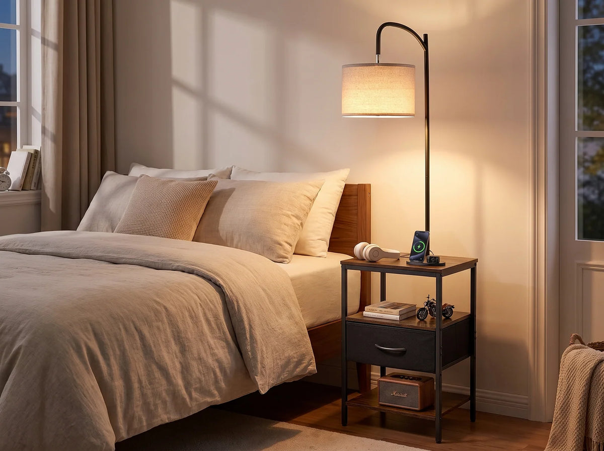 Floor lamp with side table shown beside a bed in a bedroom, lamp lit, with a phone charging on the tabletop