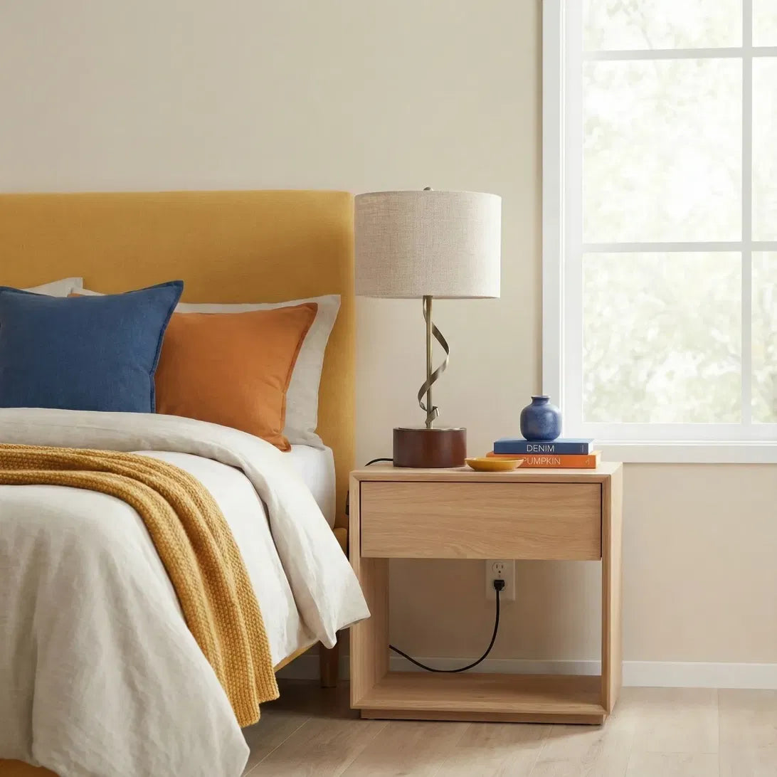 Wexford twisted metal table lamp with walnut-finish base and white linen shade, alternate view