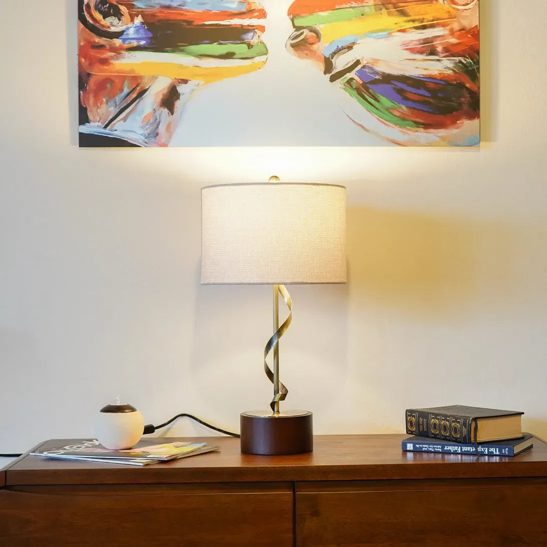 Wexford twisted metal table lamp with walnut-finish base and white linen shade, alternate view 2