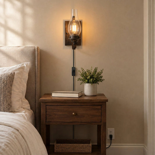 Plug-in wall sconce with clear glass chimney and curled metal arm, mounted above a wooden nightstand, cord with in-line switch running to a wall outlet