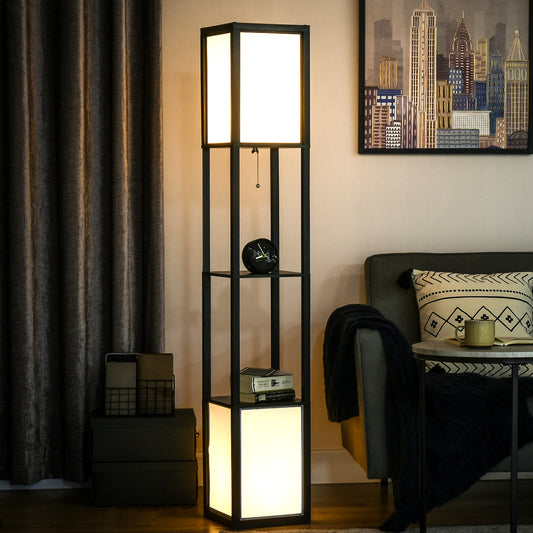 Shelf floor lamp with storage, 61.5 in black frame with two lit fabric light boxes, two open shelves and a pull-chain switch, in a living room